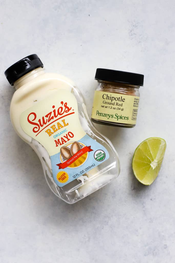 Simple chipotle mayo ingredients (mayo, chipotle seasoning, lime)