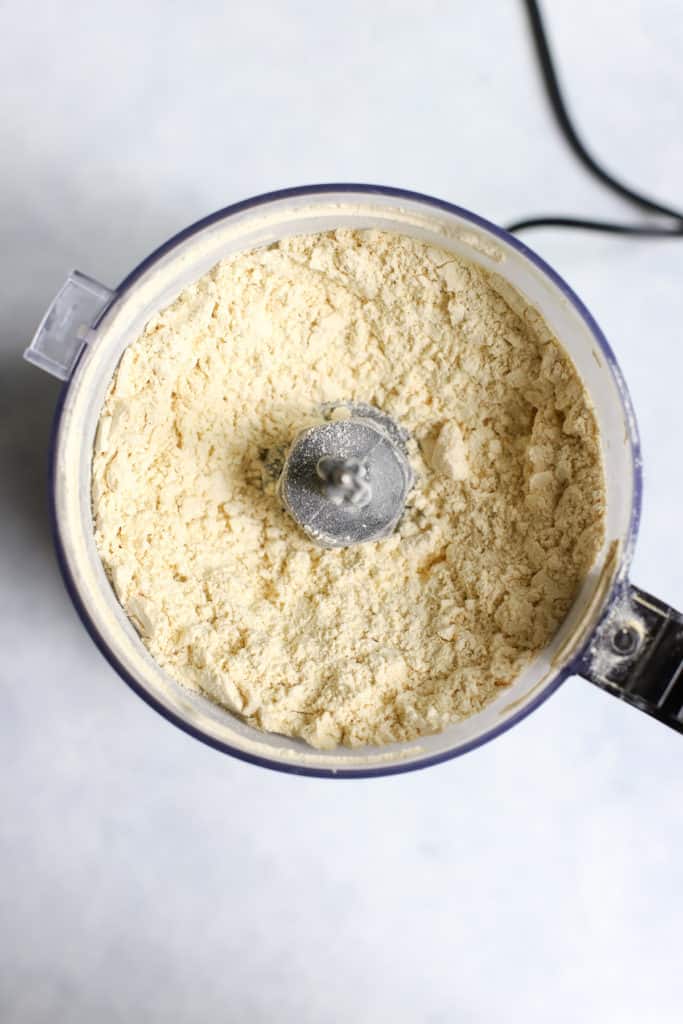 Chickpea flour, salt, sugar, and butter processed in food processor prior to adding ice water
